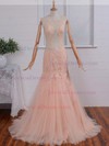 Trumpet/Mermaid Scoop Neck Tulle with Appliques Lace Sweep Train Cheap Backless Prom Dresses #JCD020103483