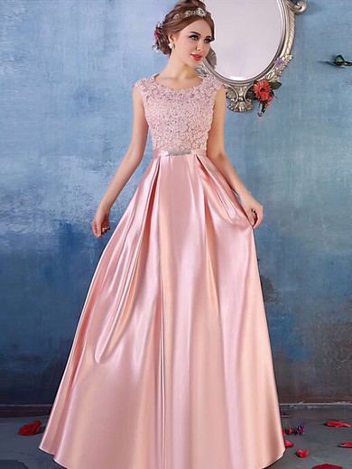 Fabulous A-line Scoop Neck Satin Tulle with Appliques Lace Floor-length Prom Dresses #JCD020103487