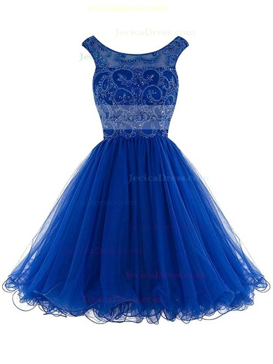 Royal Blue A-line Scoop Neck Tulle with Beading Discounted Short/Mini Backless Prom Dresses #JCD020103489