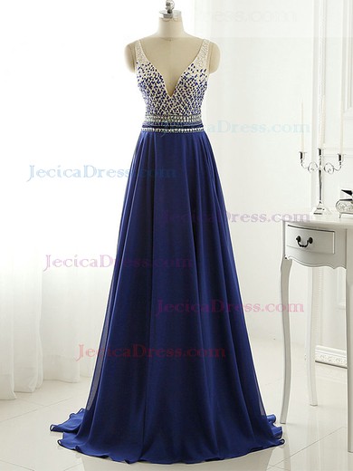 Fashion Royal Blue A-line V-neck Chiffon with Beading Sweep Train Open Back Prom Dresses #JCD020103490