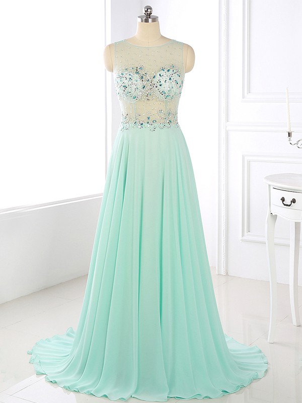 Stunning A-line Scoop Neck Chiffon Tulle with Beading Sweep Train Prom Dresses #JCD020103492