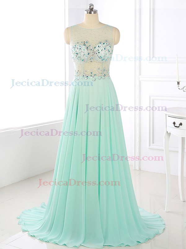 Stunning A-line Scoop Neck Chiffon Tulle with Beading Sweep Train Prom Dresses #JCD020103492