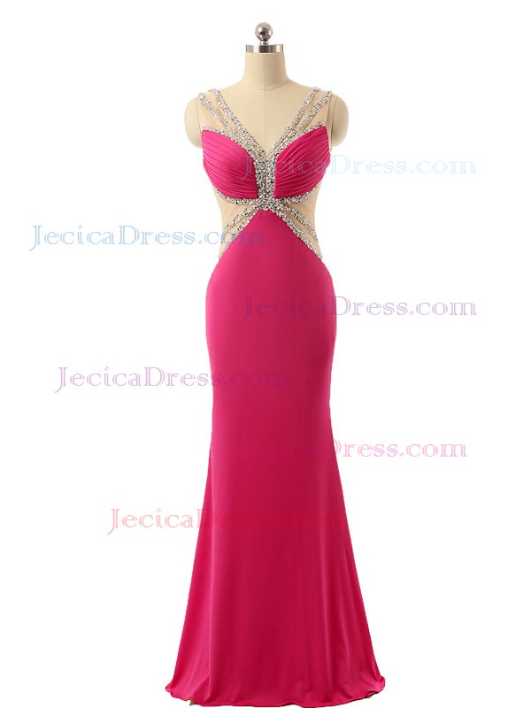 V-neck Sheath/Column Chiffon Tulle with Beading Floor-length Elegant Backless Prom Dresses #JCD020103493