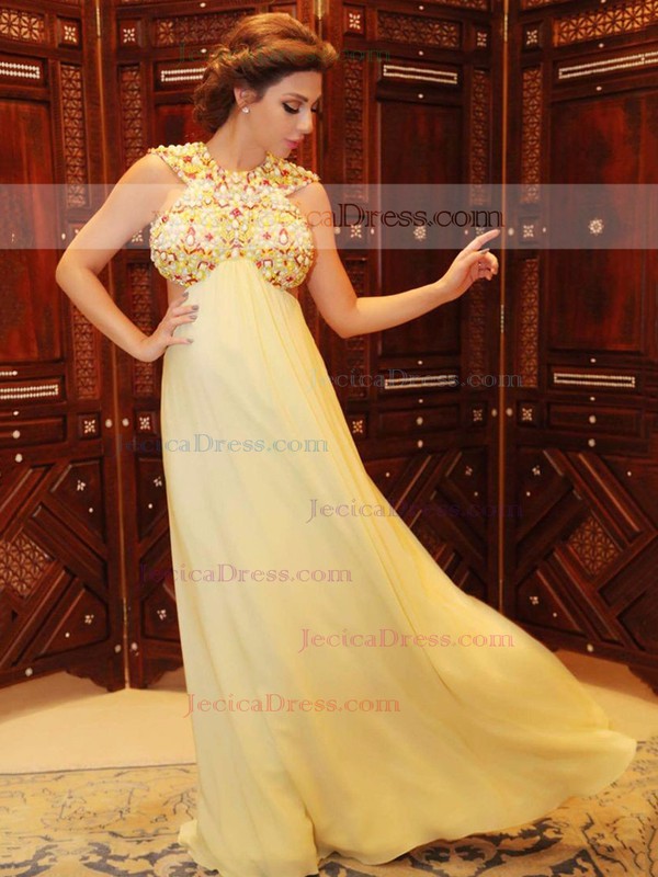 Modest A-line Scoop Neck Chiffon with Beading Floor-length Open Back Prom Dresses #JCD020103495