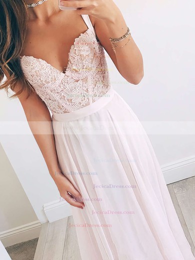 Pink A-line V-neck Chiffon Appliques Lace Floor-length New Arrival Prom Dresses #JCD020103496