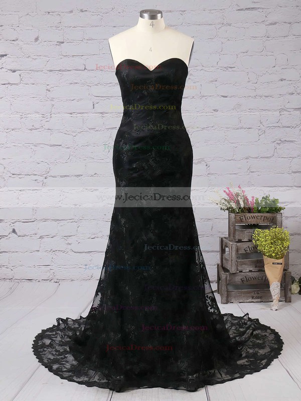 Latest Trumpet/Mermaid Sweetheart Tulle with Appliques Lace Sweep Train Black Prom Dresses #JCD020103497