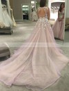 Princess V-neck Tulle with Appliques Lace Court Train Amazing Open Back Prom Dresses #JCD020103499