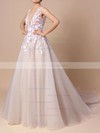 Princess V-neck Tulle with Appliques Lace Court Train Amazing Open Back Prom Dresses #JCD020103499
