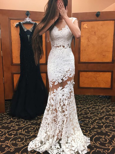 Scoop Neck Ivory Tulle Appliques Lace Sweep Train Newest Trumpet/Mermaid Open Back Prom Dresses #JCD020103500