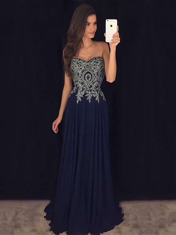 Graceful A-line Sweetheart Chiffon with Appliques Lace Floor-length Dark Navy Prom Dresses #JCD020103501