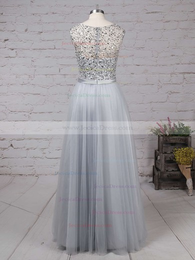 Fashion A-line Scoop Neck Tulle with Beading Floor-length Long Prom Dresses #JCD020103502