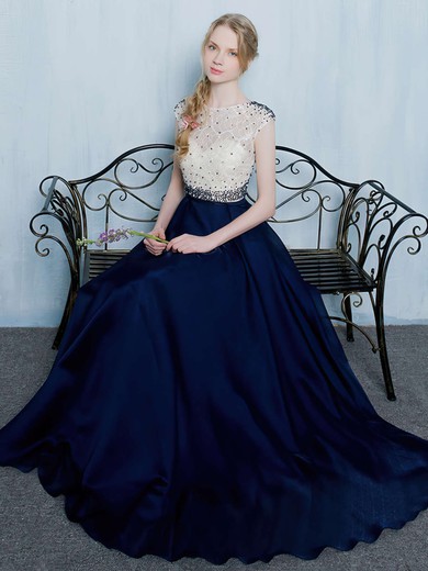 Sweet A-line Scoop Neck Lace Silk-like Satin with Beading Floor-length Royal Blue Prom Dresses #JCD020103504