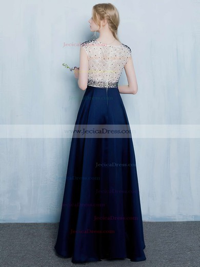 Sweet A-line Scoop Neck Lace Silk-like Satin with Beading Floor-length Royal Blue Prom Dresses #JCD020103504