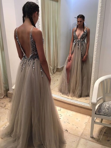 Princess V-neck Tulle with Beading Floor-length Exclusive Backless Prom Dresses #JCD020103505