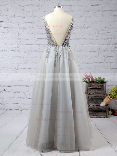 Princess V-neck Tulle with Beading Floor-length Exclusive Backless Prom Dresses #JCD020103505