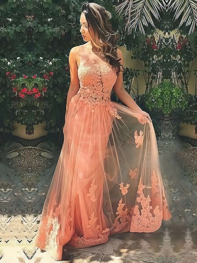 Fashion A-line Scoop Neck Tulle with Appliques Lace Sweep Train Backless Prom Dresses #JCD020103510