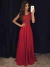 Burgundy A-line Scoop Neck Chiffon Tulle Appliques Lace Floor-length Classy Prom Dresses #JCD020103514