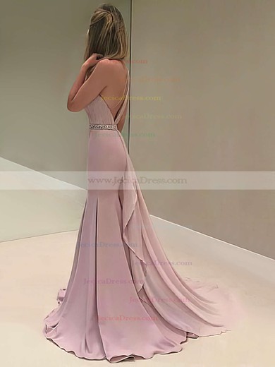 One Shoulder Trumpet/Mermaid Chiffon Beading Sweep Train Elegant Backless Prom Dresses #JCD020103518