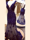 Custom V-neck Tulle with Appliques Lace Sweep Train Trumpet/Mermaid Backless Prom Dresses #JCD020103519