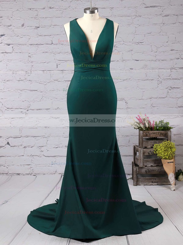 Trendy Trumpet/Mermaid V-neck Silk-like Satin Ruffles Sweep Train Burgundy Backless Prom Dresses #JCD020103526