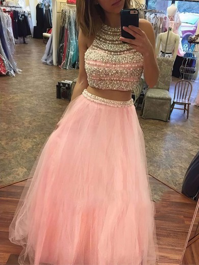 Two Piece A-line Scoop Neck Tulle with Pearl Detailing Floor-length Sweet Pink Prom Dresses #JCD020103528