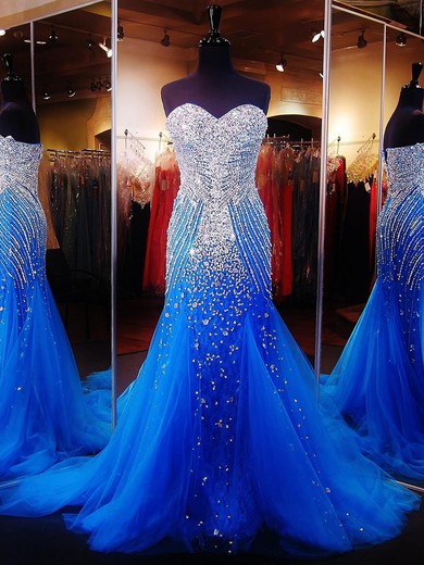 Sparkly Trumpet/Mermaid Sweetheart Tulle with Crystal Detailing Sweep Train Blue Prom Dresses #JCD020103530