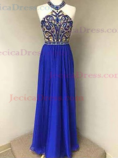 Affordable A-line Chiffon Tulle with Beading Floor-length Halter Prom Dresses #JCD020103531
