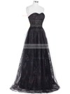 Inexpensive A-line Sweetheart Lace Tulle with Ruffles Floor-length Black Prom Dresses #JCD020103532