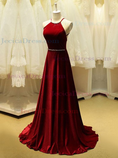 Burgundy A-line Scoop Neck Velvet Beading Sweep Train Wholesale Backless Prom Dresses #JCD020103533