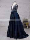 Amazing Royal Blue A-line V-neck Satin with Beading Sweep Train Backless Prom Dresses #JCD020103534