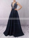 Amazing Royal Blue A-line V-neck Satin with Beading Sweep Train Backless Prom Dresses #JCD020103534