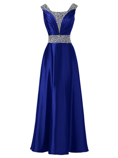 A-line Square Neckline Satin with Beading Floor-length Promotion Royal Blue Prom Dresses #JCD020103535