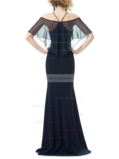 Perfect Dark Navy Trumpet/Mermaid Halter Chiffon with Ruffles Sweep Train Short Sleeve Prom Dresses #JCD020103536