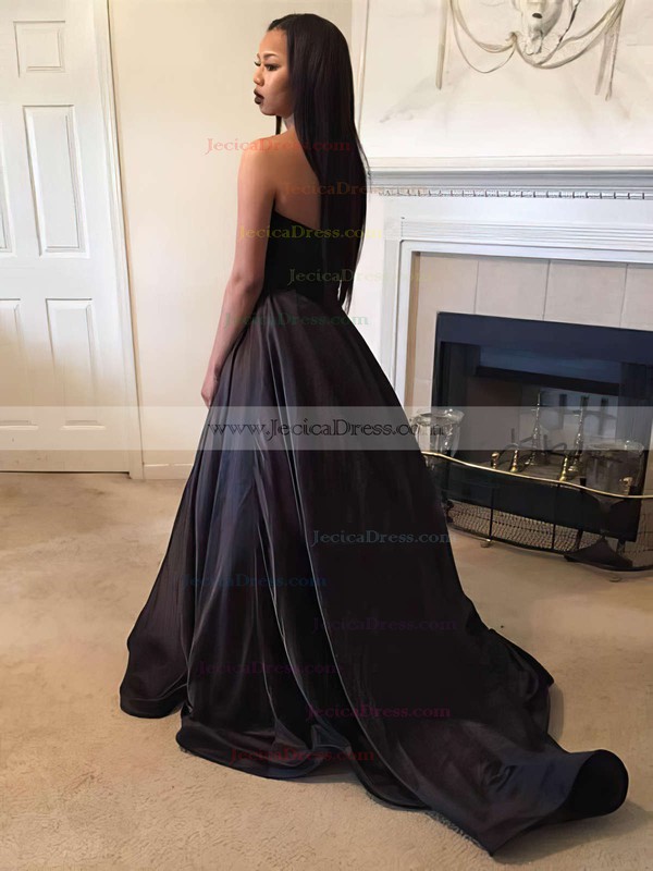 Different Sweetheart Satin with Beading Sweep Train Black Ball Gown Prom Dresses #JCD020103540