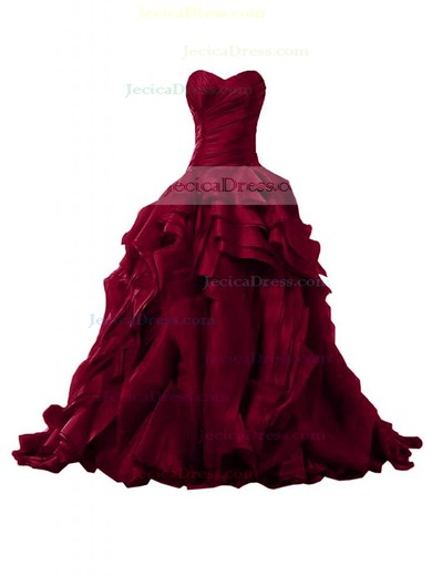 Original Burgundy Sweetheart Organza with Ruffles Sweep Train Ball Gown Prom Dresses #JCD020103541