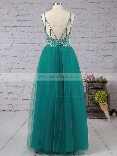 A-line V-neck Tulle with Beading Floor-length Spaghetti Straps Famous Backless Prom Dresses #JCD020103544