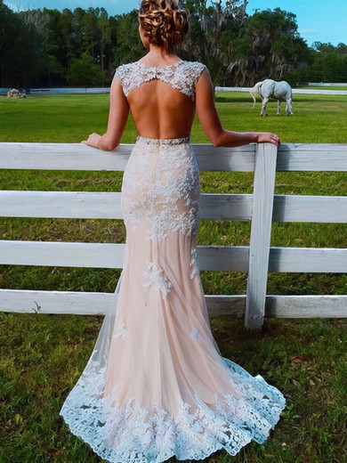 Pretty Trumpet/Mermaid Scoop Neck Champagne Tulle with Appliques Lace Sweep Train Open Back Prom Dresses #JCD020103546