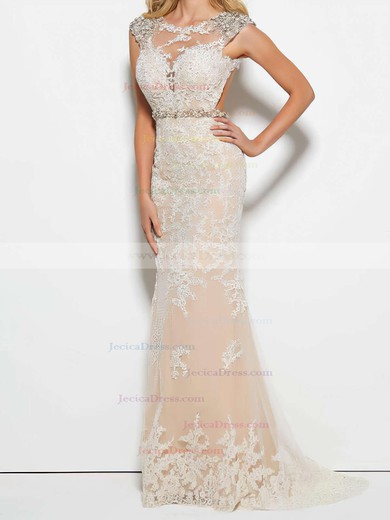 Pretty Trumpet/Mermaid Scoop Neck Champagne Tulle with Appliques Lace Sweep Train Open Back Prom Dresses #JCD020103546
