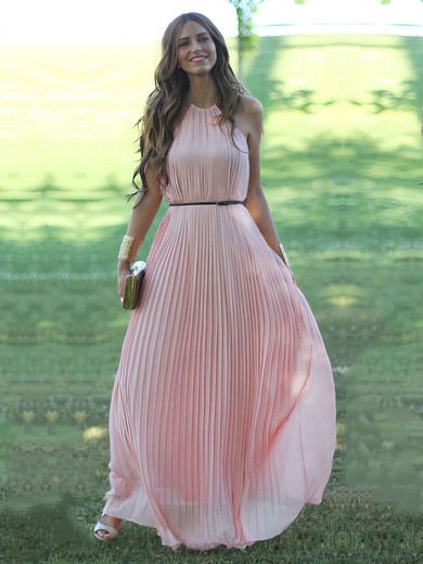 Casual A-line Scoop Neck Chiffon with Sashes / Ribbons Floor-length Prom Dresses #JCD020103547