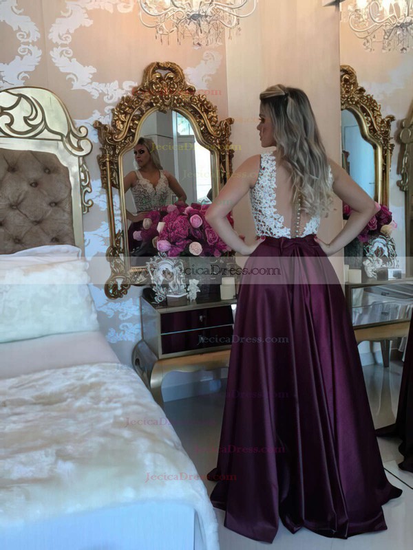 New A-line Satin with Appliques Lace Floor-length V-neck Prom Dresses #JCD020103548