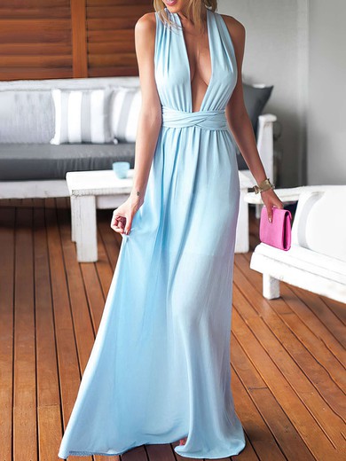 Sexy V-neck Sheath/Column Blue Chiffon with Ruffles Floor-length Backless Prom Dresses #JCD020103552