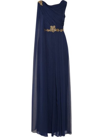 Cheap A-line Scoop Neck Chiffon with Beading Floor-length Dark Navy Prom Dresses #JCD020103555