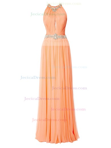 Modest A-line Scoop Neck Orange Chiffon with Beading Floor-length Prom Dresses #JCD020103560