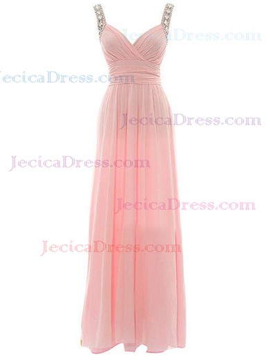 V-neck A-line Chiffon with Ruffles Floor-length Prettiest Pink Prom Dresses #JCD020103561