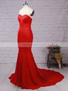 Trumpet/Mermaid Sweetheart Silk-like Satin Ruffles Sweep Train Top Red Backless Prom Dresses #JCD020103568