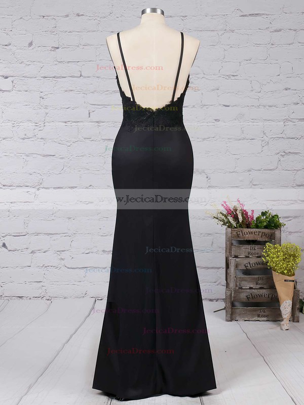 V-neck Sheath/Column Silk-like Satin Appliques Lace Floor-length Nice Black Prom Dresses #JCD020103574