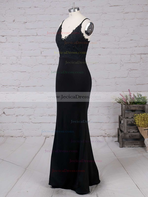 V-neck Sheath/Column Silk-like Satin Appliques Lace Floor-length Nice Black Prom Dresses #JCD020103574