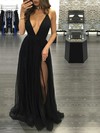 Black A-line V-neck Tulle Split Front Floor-length Hot Backless Prom Dresses #JCD020103576