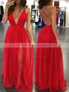 Black A-line V-neck Tulle Split Front Floor-length Hot Backless Prom Dresses #JCD020103576