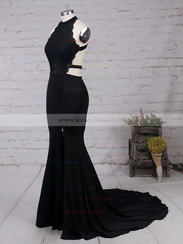 Stunning High Neck Sheath/Column Black Silk-like Satin Split Front Sweep Train Backless Prom Dresses #JCD020103577